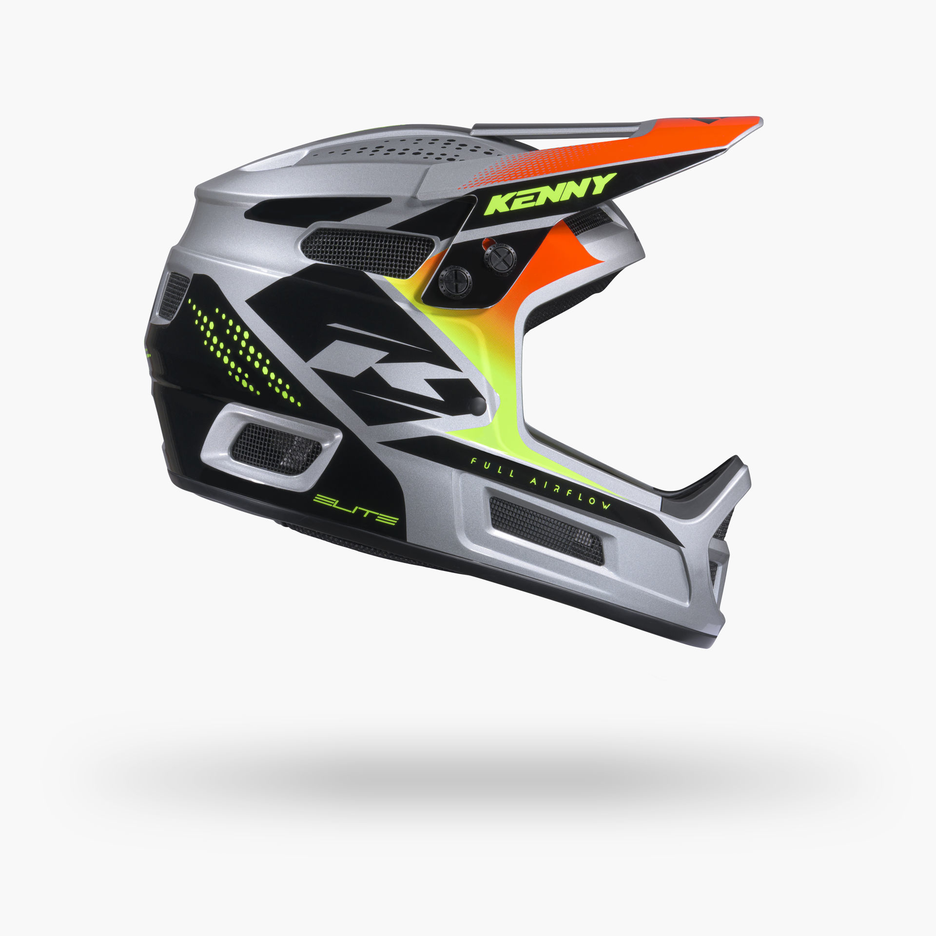Casque intégral Kenny Elite Silver VTT BMX — finition argent métallisée accents vert kaki vue avant